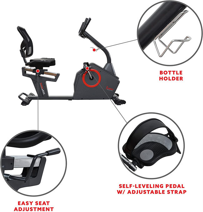 Sunny Health & Fitness Programmable Recumbent Exercise Bike with Optional Exclusive and Enhanced Bluetooth Connectivity (Smart)