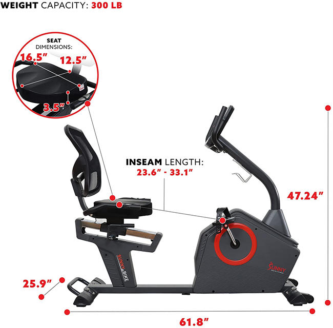 Sunny Health & Fitness Programmable Recumbent Exercise Bike with Optional Exclusive and Enhanced Bluetooth Connectivity (Smart)