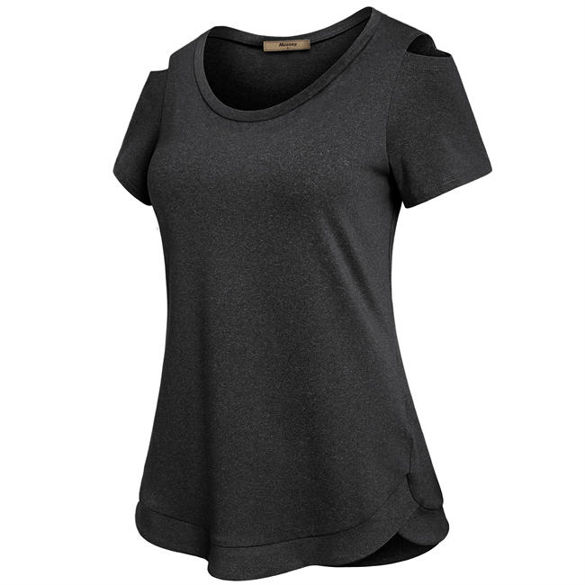 Miusey Cold Shoulder Tops for Women Crew Neck Short Sleeve Workout Yoga Breathable Casual Tunic Tops Shirts