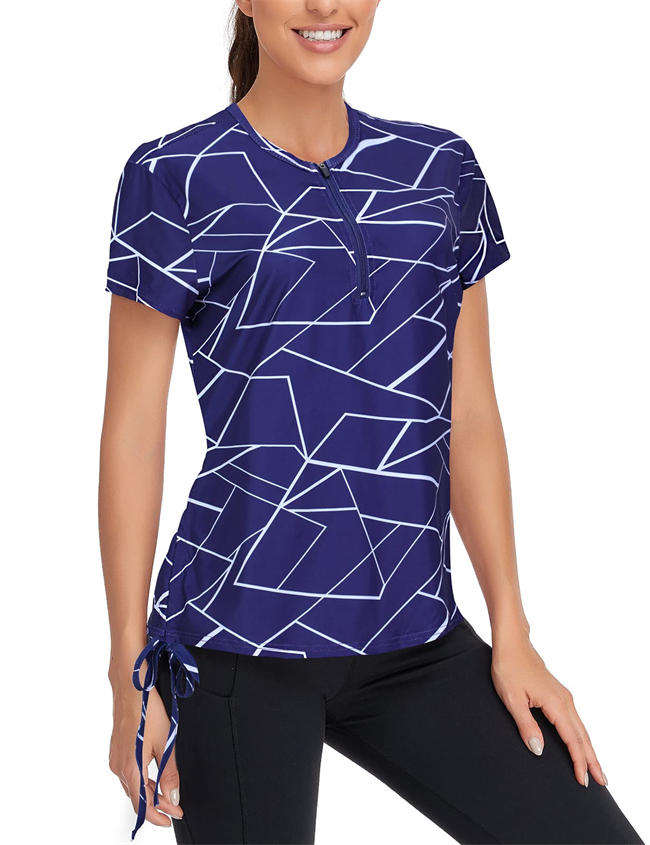 Women Zip Up Short Sleeve Side Drawstring Sports Shirts Quick Dry Workout Golf Running Yoga Top