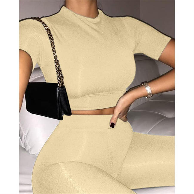 Women Casual 2 Piece Outfits Bodycon Short Sleeve Crop Top with Long Pants Tracksuit Workout Sets