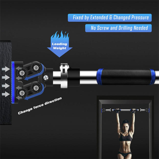 Doorway Pull Up and Chin Up Bar Upper Body Workout Bar with No Screws & Safe Locking Mechanism for Home Gym Exercise Fitness Max Load 440 LBS (Blue, L28.3~36.2