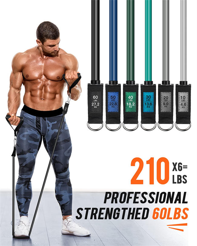 Resistance Bands Set 14 Pcs, 6 Tube Stackable up to 210 lbs Adjustable, Workout Bands with Wide Handles, Fitness Bands Exercise with Door Anchor, Steel Clasp & Ankle Straps for Home Gym Outdoor Travel
