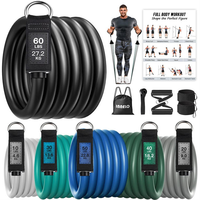 Resistance Bands Set 14 Pcs, 6 Tube Stackable up to 210 lbs Adjustable, Workout Bands with Wide Handles, Fitness Bands Exercise with Door Anchor, Steel Clasp & Ankle Straps for Home Gym Outdoor Travel