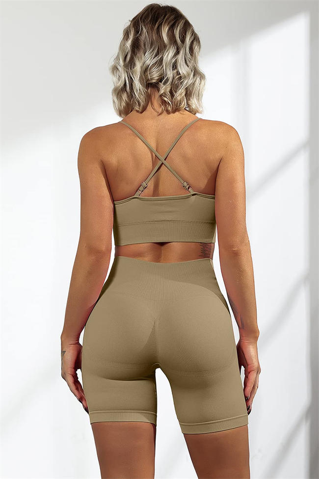 Women 2 Piece Cross Back Straps Sports Bra Seamless Shorts Yoga Gym Activewear Set
