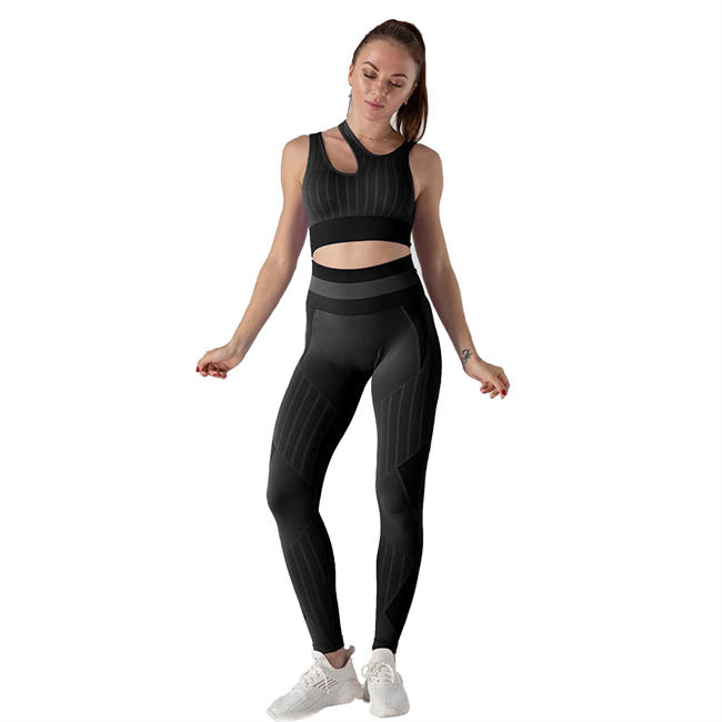 Women 2 Piece Seamless Ribbed Legging with Sports Bra High Waist Gym Fitness Activewear