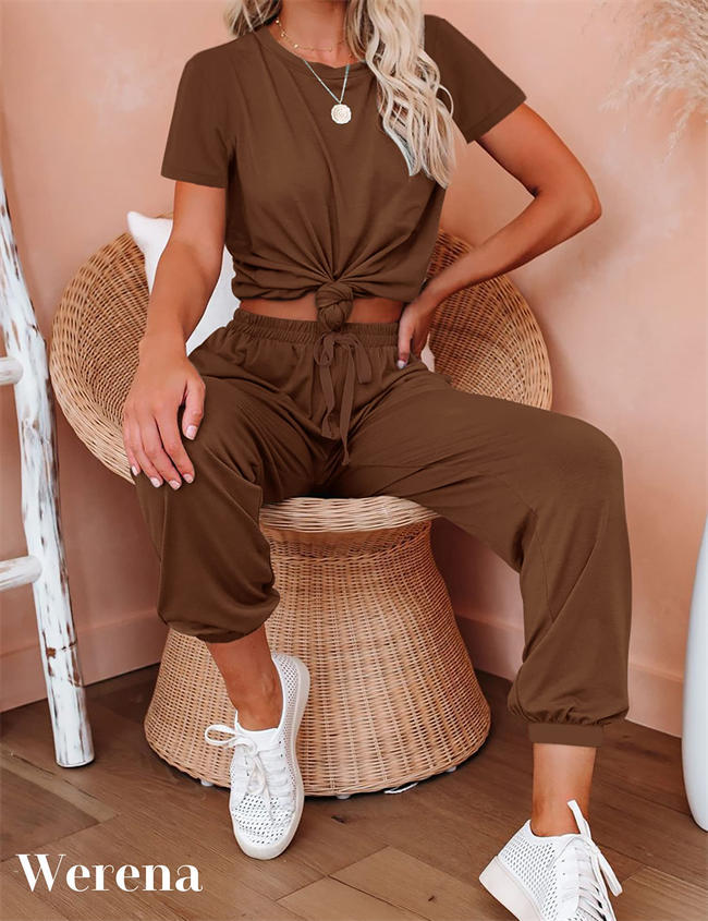 Womens Short Sleeve Jogger Sets with Pockets 2 Piece Outfits Lounge Wear Long Pants Tracksuit Set