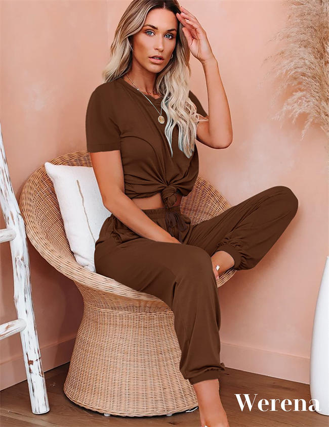 Womens Short Sleeve Jogger Sets with Pockets 2 Piece Outfits Lounge Wear Long Pants Tracksuit Set