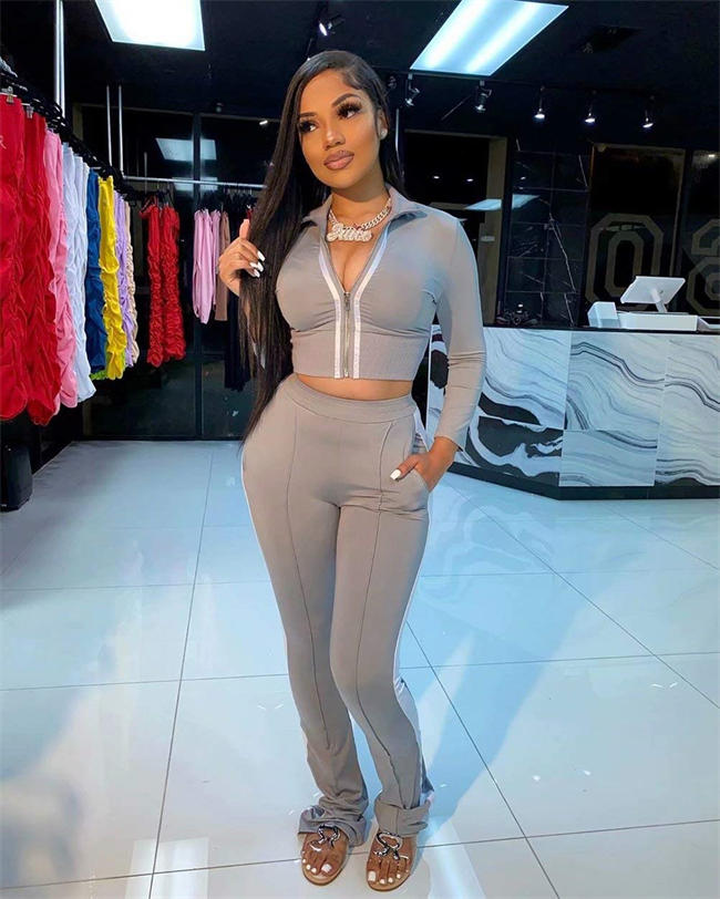 Women Tracksuit Two Piece Outfits Zip-Up Bodycon Crop Jacket Bootcut Pants Jogging Set Sportswear with Pockets