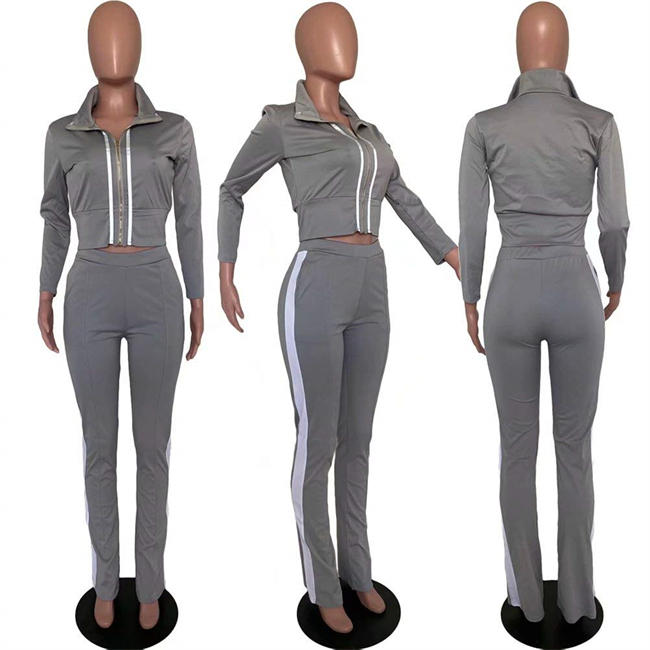 Women Tracksuit Two Piece Outfits Zip-Up Bodycon Crop Jacket Bootcut Pants Jogging Set Sportswear with Pockets