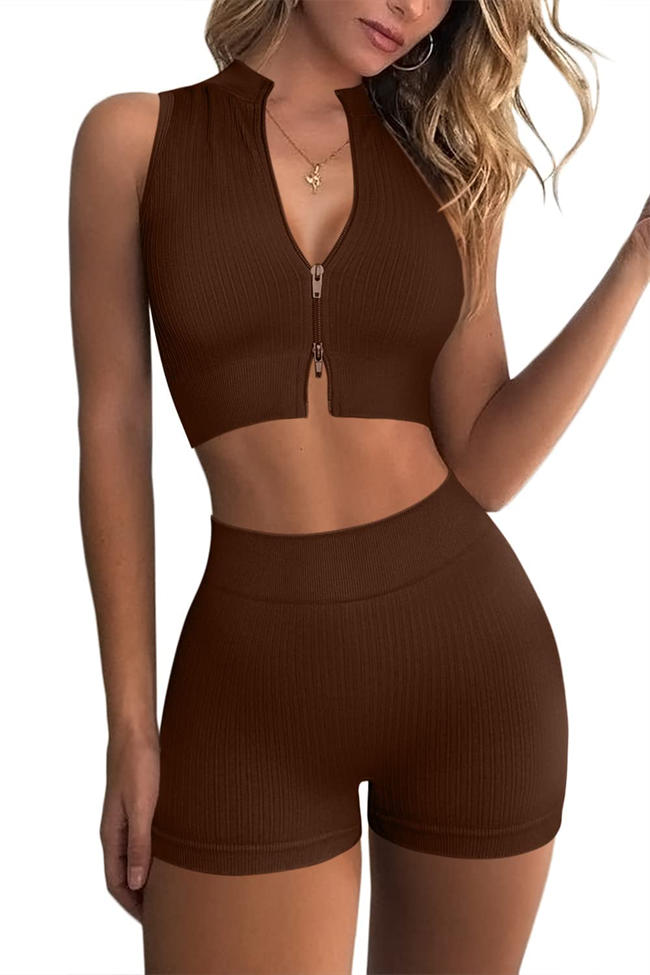 Women 2 Piece Outfits Seamless Ribbed Two Way Zip Sleeveless Crop Top High Waist Shorts Yoga Gym Sets