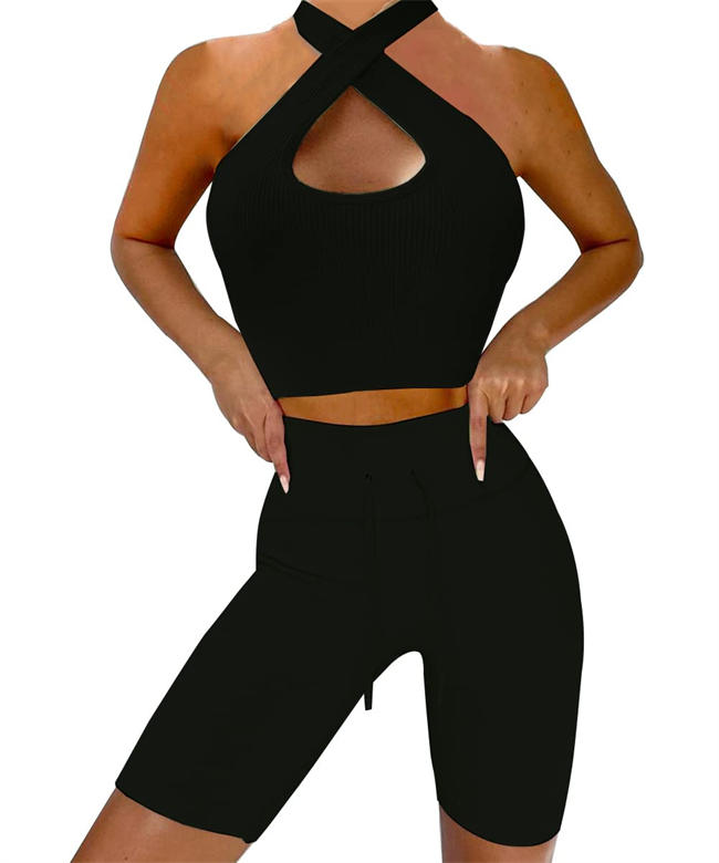 Women 2 Piece Ribbed Halter Crop Top and Scrunch Butt Legging Yoga Outfits Gym Fitness Activewea