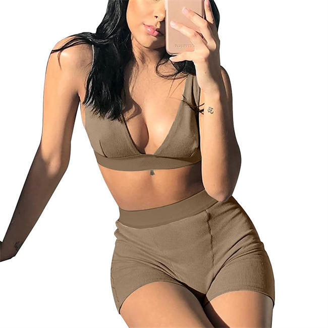 Women 2 Piece Workout Outfits Ribbed Deep V Neck Sleeveless Crop Top High Waist Bodycon Shorts Sets Active Wear Tracksuits