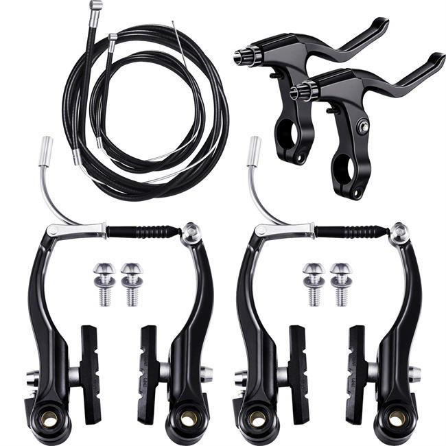 Complete Bike Brake Set, Black Front and Rear Bike MTB Brake Inner and Outer Cables and Lever Kit Includes Callipers Levers Cables Black