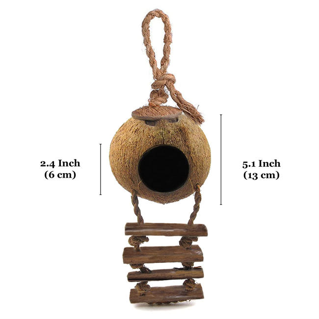 Hermit Crab Coco Hut with Ladder, 5” Diameter, 2.5” Opening, Cave Habitat with Hanging Loop