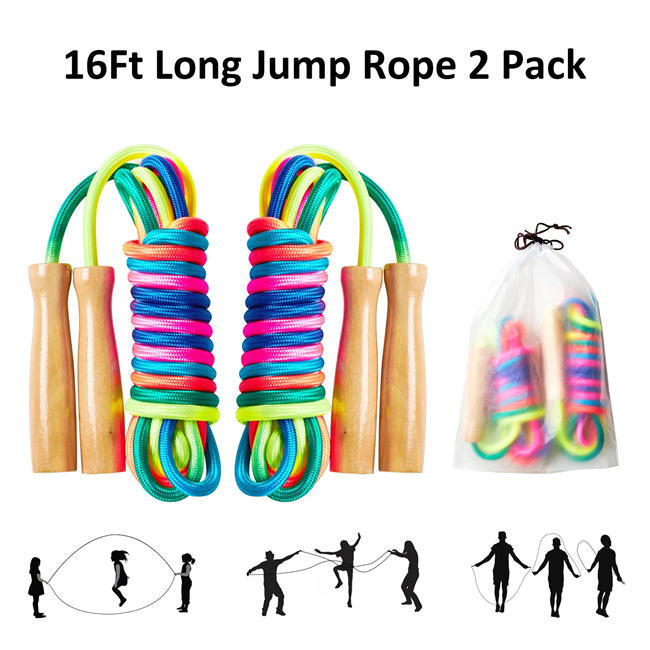 Long Jump rope - 16Ft 2 Pack Skipping Rope for Kids Adults, Rainbow Jumping Rope for Multiplayer with Wooden Handle