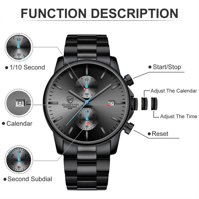 Fashion Business Mens Watches with Stainless Steel Waterproof Chronograph Quartz Watch for Men, Auto Date