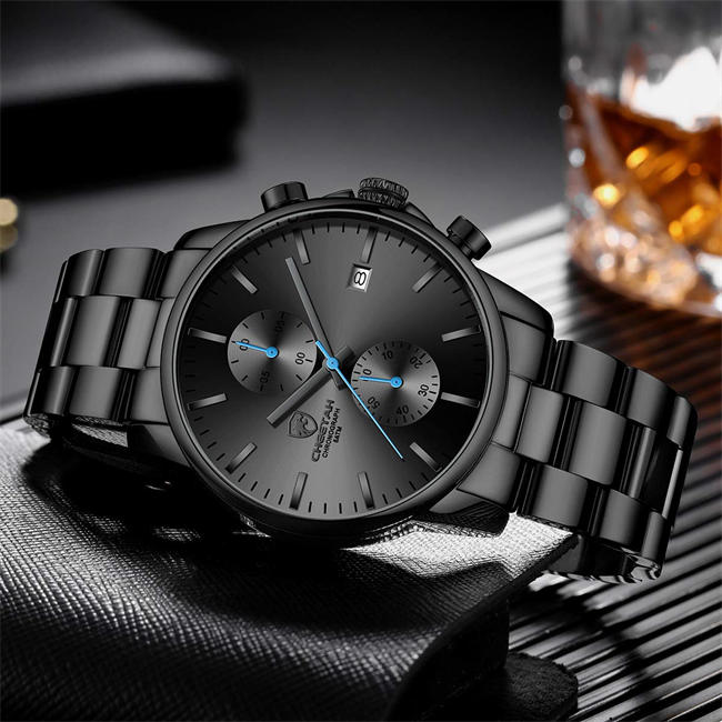 Fashion Business Mens Watches with Stainless Steel Waterproof Chronograph Quartz Watch for Men, Auto Date