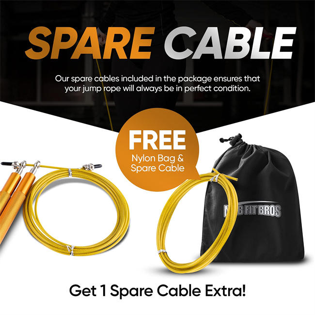 Spare cable included. Gold Tangle-Free Speed Jump Rope - Adjustable Jumping Rope With Ball Bearings And Nylon Bag For Adult Men And Women, Great Gym Workout Equipment For Home, Fitness Training. Spare cable included.
