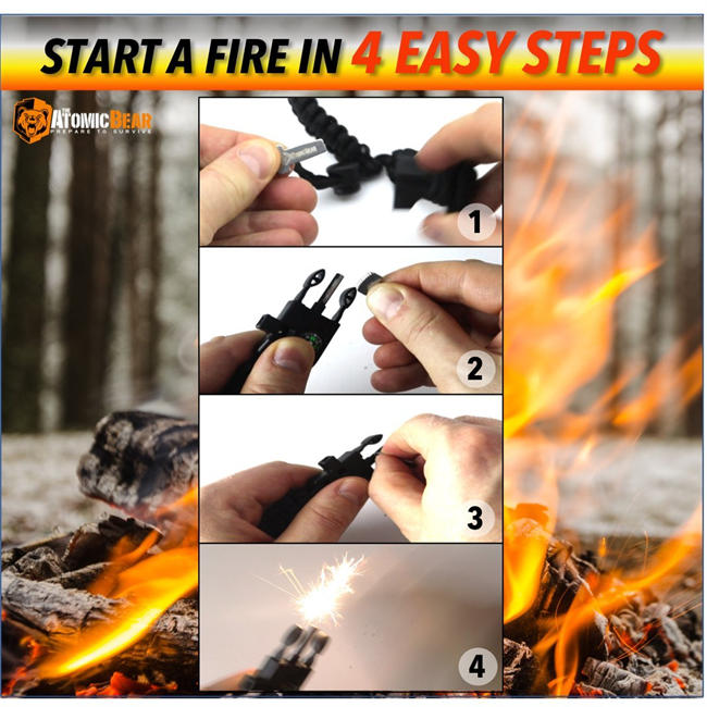 Paracord Bracelet (2 Pack) - Adjustable - Fire Starter - Loud Whistle - Perfect for Hiking, Camping, Fishing and Hunting - Black & Black+Orange