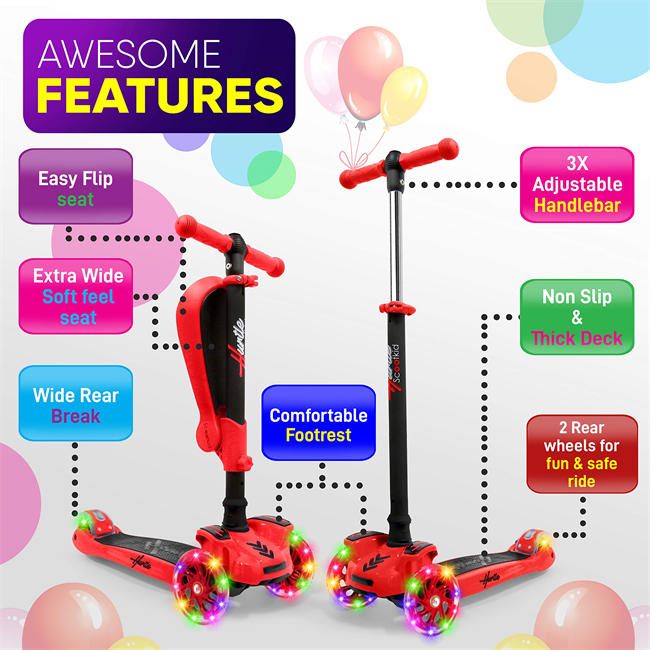 3 Wheeled Scooter for Kids - Stand & Cruise Child/Toddlers Toy Folding Kick Scooters w/Adjustable Height, Anti-Slip Deck, Flashing Wheel Lights, for Boys/Girls 2-12 Year Old 