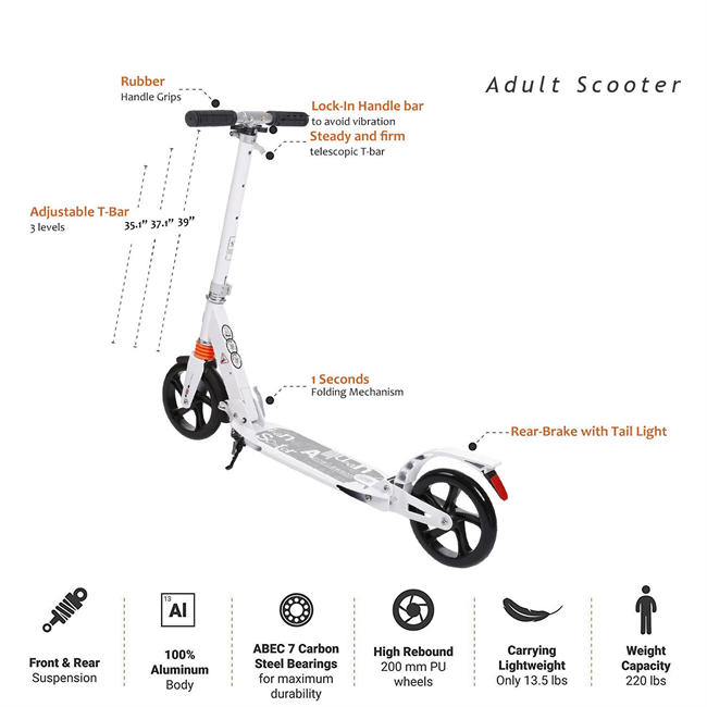 Kids/Adult Scooter with 3 Seconds Easy-Folding System, 220lb Folding Adjustable Scooter with Foot Brake and 200mm Large Wheels