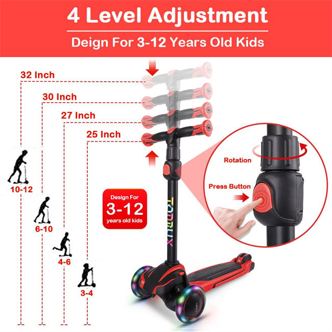 3-12, Toddler Scooter with 4 Adjustable Heights, Light Up 3-Wheels Scooter, Shock Absorption Design, Lean to Steer, Balance Training Scooter for Kids