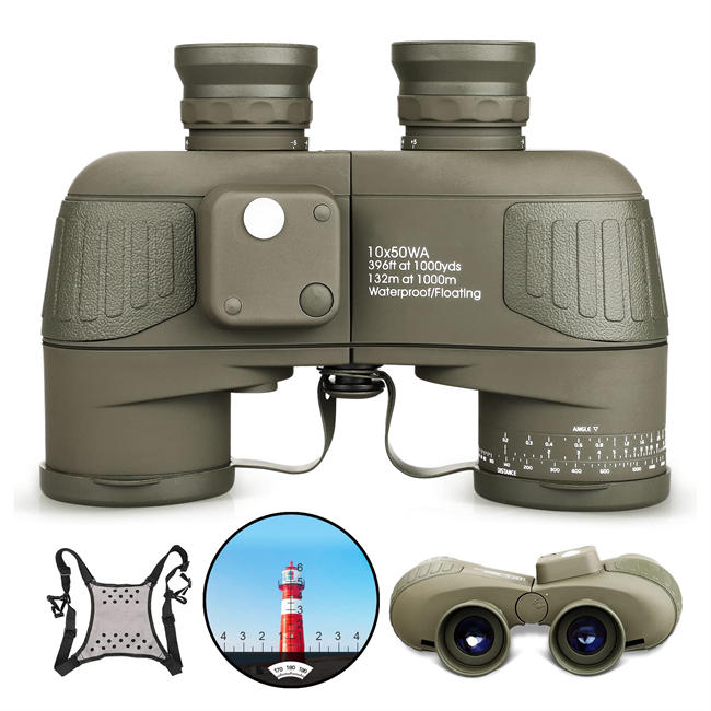 Marine Binoculars for Adults, 10X50 Rangefinder Compass Waterproof Fogproof with Low Light Vision BAK4 Prism FMC Lens Binocular for Birdwatching Boating Hunting and Navigation