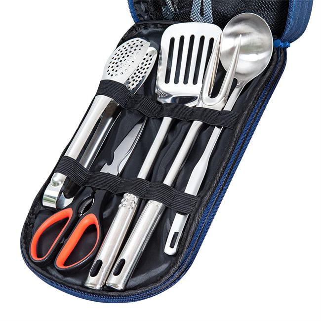 Portable Outdoor Utensil Kitchen Set, 9 Piece Camp Kitchen Cooking Utensil Set, Cookware Equipment Kit and Chopping Board, Scissors & Camp Knife, Grill Supplies or Camping, Hiking, RV, Travel
