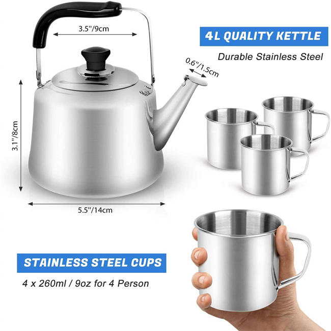 4L Camping Kettle Set with 4 Cups, Durable Stainless Steel Camp Tea Coffee Water Pot with 4 Mugs for Hiking, Backpacking, Outdoor Camping and Picnic, Carrying Bag Included