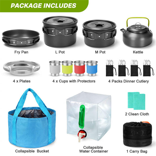 29pcs Camping Cookware Mess Kit, Non-Stick Lightweight Pots Pan Kettle, Collapsible Water Container and Bucket, Stainless Steel Cups Plates Forks Knives Spoons for Outdoor Backpacking Picnic