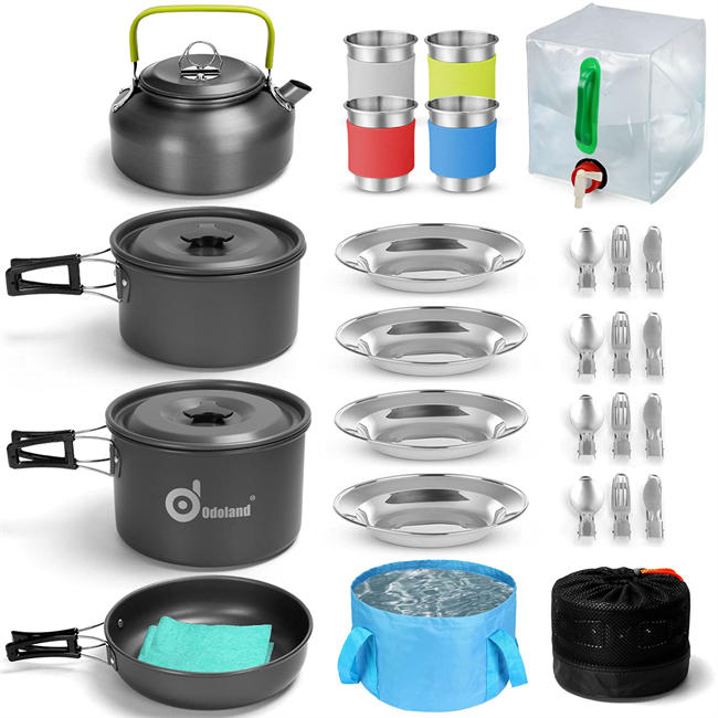 29pcs Camping Cookware Mess Kit, Non-Stick Lightweight Pots Pan Kettle, Collapsible Water Container and Bucket, Stainless Steel Cups Plates Forks Knives Spoons for Outdoor Backpacking Picnic