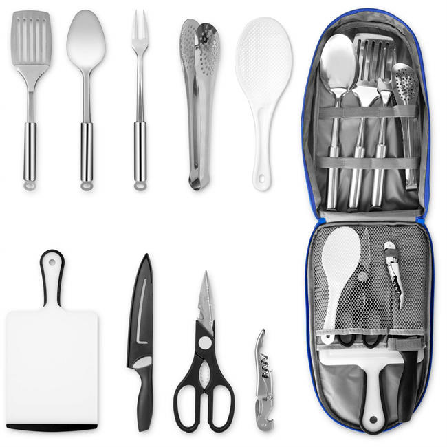 Portable Camping Kitchen Utensil Set, Stainless Steel Outdoor Cooking and Grilling Utensil Organizer Travel Set