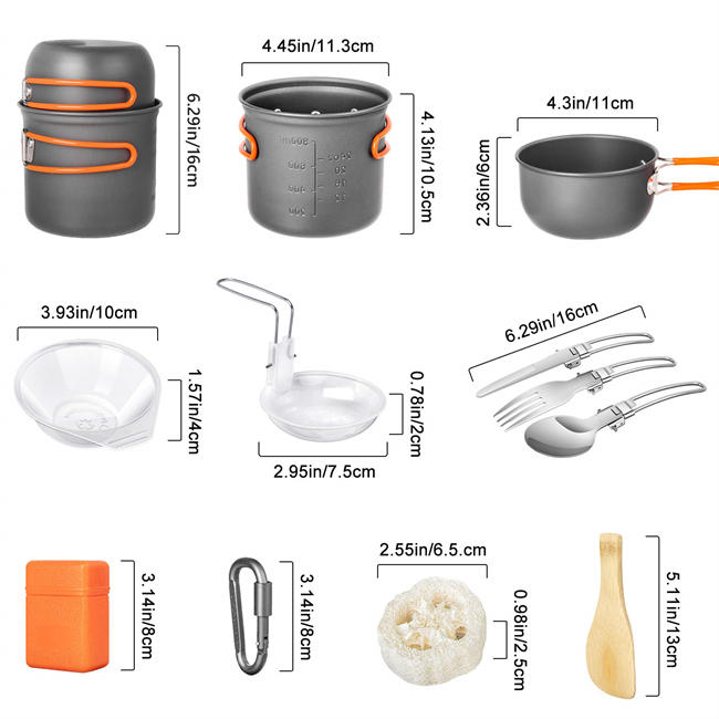 Beteray Camping Cookware Set Portable Camp Stove with Lightweight Pots and Pans Set Non-Stick Backpacking Cooking Set Camping Mess Kit with Folding Knife and Fork for Outdoor Hiking Picnic (16 Pcs)