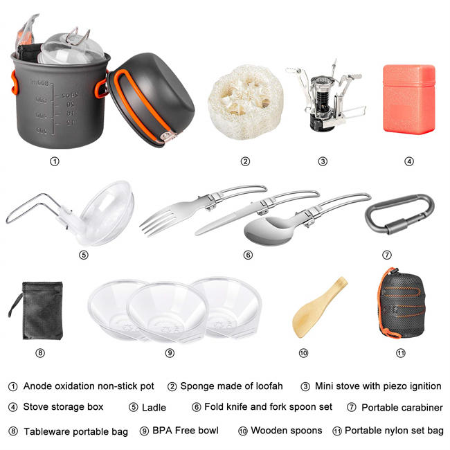Beteray Camping Cookware Set Portable Camp Stove with Lightweight Pots and Pans Set Non-Stick Backpacking Cooking Set Camping Mess Kit with Folding Knife and Fork for Outdoor Hiking Picnic (16 Pcs)