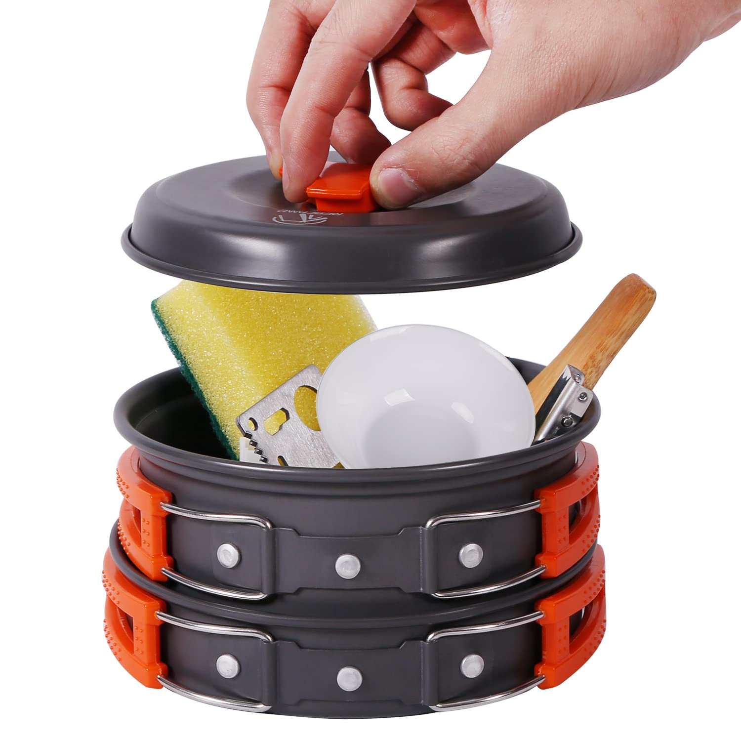 PCS Camping Cookware Mess Kit, Backpacking Camping Pot+Pan Set, Lightweight and Compact Cookware for Hiking,