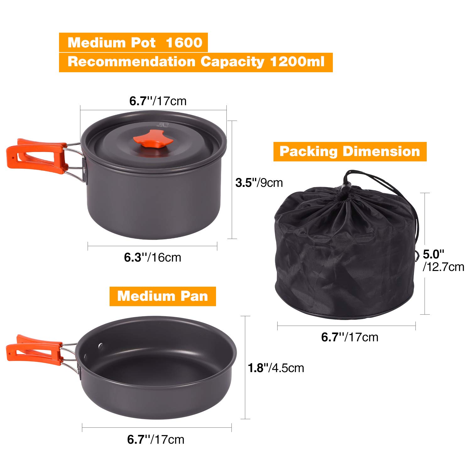 PCS Camping Cookware Mess Kit, Backpacking Camping Pot+Pan Set, Lightweight and Compact Cookware for Hiking,