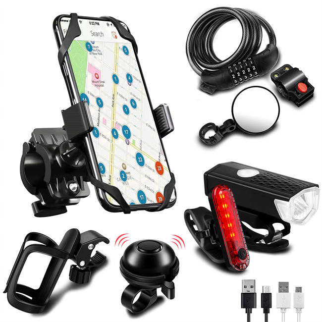 Bicycle Accessories, USB Rechargeable Bicycle lamp Set, Bicycle lamp, Bicycle Lock, Bicycle Water Cup seat, Bicycle Mobile Phone seat, Bicycle Mirror, Bicycle Bell