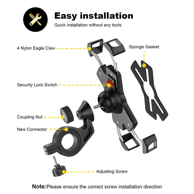 New Bike Phone Mount with Stainless Steel Clamp Arms Anti Shake and Stable 360° Rotation